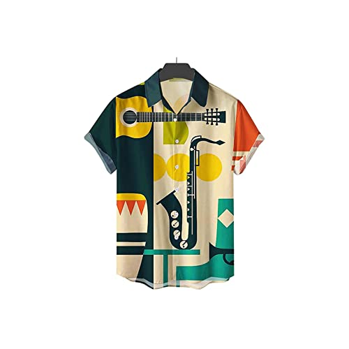 KRECS Mens Shirts Short Sleeve, Men Shirt Casual Musical Instrument Printing Single Button All-Match Summer Beach Shirt Short-Sleeved Beach top (Size : XL)