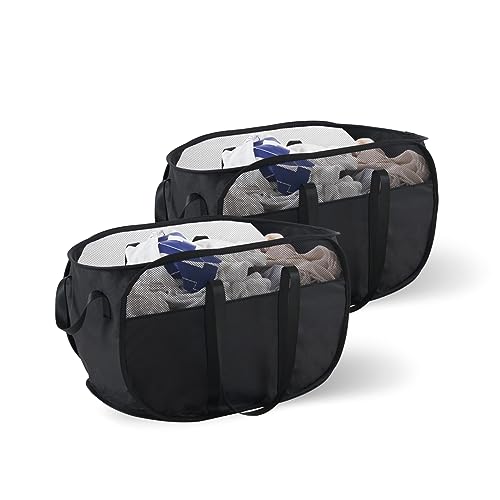 65L Mesh Laundry Basket 2 Pcs Pop Up Laundry Hampers with 4 Reinforced Carry Handles, Foldable Laundry Basket for Clothes Toys Easy to Carry Collapsible Laundry Basket (Black)