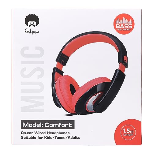 Rockpapa Comfort Over Ear Headphones Earphones for Kids Childs Boys Girls Adults, Tablet Computer Cellphones MP3/4 CD/DVD in Car/Airplane(Black Red)