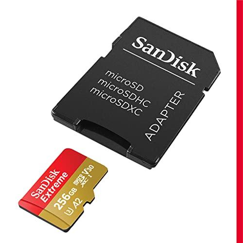 SanDisk 256GB Extreme microSDXC UHS-I Memory Card with Adapter - C10, U3, V30, 4K, 5K, A2, Micro SD Card - SDSQXAV-256G-GN6MA