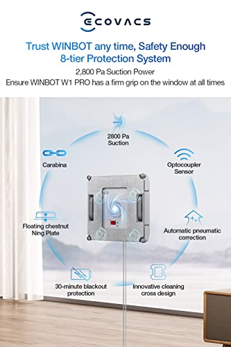 ECOVACS Winbot W1 PRO Window Cleaner Robot, 2800 Pa Suction with Cross Auto-Spray & Win SLAM 3.0 Path Planning Technology, Anti-Flare Edge Detection,App control