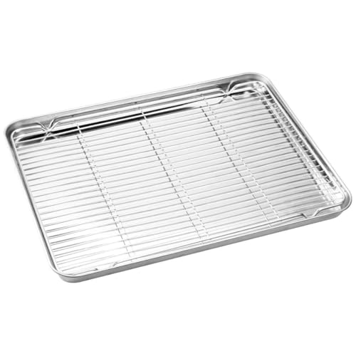 12.4inch x 9.7inch Small Toaster Oven Pan with Grid Rack Set, Stainless Steel Toaster Oven Tray Baking Pan with Cooling Rack for Oven Cooking Roasting