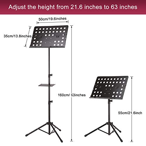 IMAGE 55-160 cm Sheet Music Stand Adjustable and Foldable Travel Metal Music Stand with Music Tray, Carrying Bag, and Music Sheet Clip Holder for Instrumental Performance