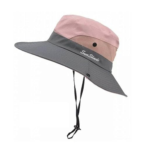 Women's Wide-Brim Ponytail Sun Hat – UV Protective Summer Beach Visor with Ventilated Mesh Design, Adjustable Anti-UV Floppy Cap Pink