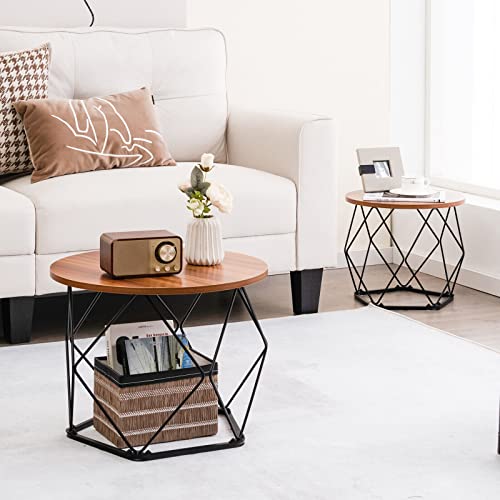 Giantex Nesting Coffee Table, Circle Side End Table w/Pentagonal Steel Base & EVA Pads, Accent Tea Center Table for Small Space, Round Bedside Table Set of 2 for Living Room Bedroom, Rustic Brown