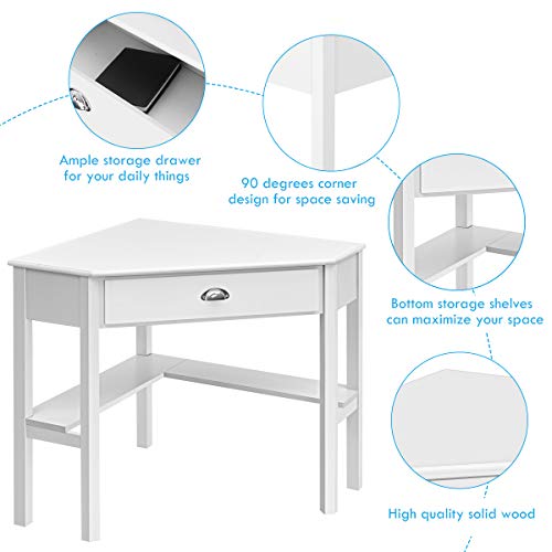 Giantex Wood Corner Computer Desk, Compact Writing Table w/Drawer & Shelves, Space Saving Workstation with Foot Pads, Laptop PC Corner Table Furniture for Home Office, White