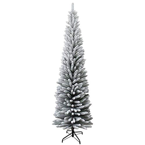 SHATCHI 4Ft-8Ft Artificial Slim Christmas Pencil Tree Holiday Home Decorations with Pointed Tips and Metal Stand Black/White/Frosty Green, Snow Flock, 6ft