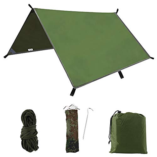 3m x 3m Hammock Rain Fly Tent Tarp Waterproof Windproof Snowproof Camping Shelter Portable Lightweight Basha Sunshade for Snow Camping Outdoor Travel (Army-Green)