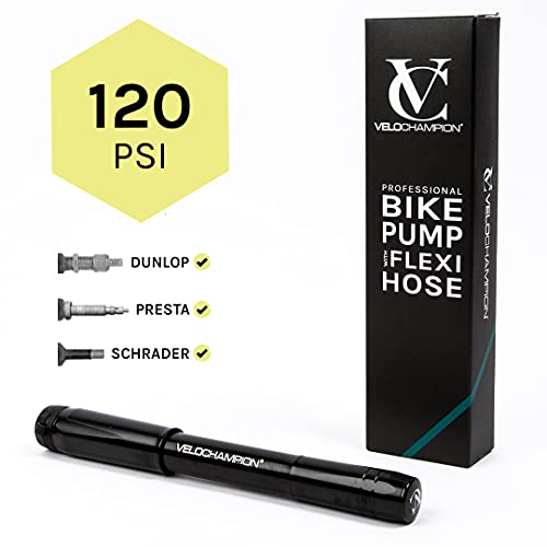 VeloChampion Pro Bike Pump 120psi with Twin Valve Flexible Hose + Gauge Suitable for Presta & Schrader