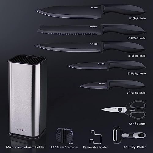 RAXCO Knife Set,10-in-1 Knife Sets for Kitchen with Block,Kitchen Knife Set with Small Knife Block & Sharpener, Knives Set for Kitchen Perfect for Small Kitchen