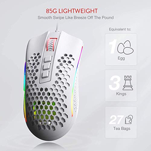 Redragon M808 Storm Lightweight RGB Gaming Mouse, 85g Ultralight Honeycomb Shell - 12,400 DPI Optical Sensor - 7 Programmable Buttons - Precise Registration - Super-Lite Cable - White