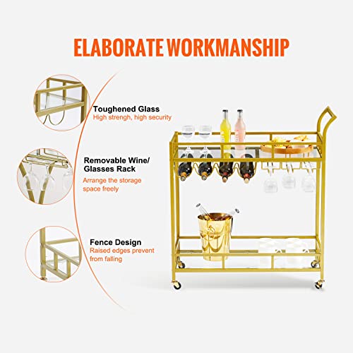 VEVOR Bar Cart Gold, 2 Tiers Home Bar Serving Cart on Lockable Wheels, Rolling Alcohol Cart with Tempered Glass Shelves Guardrail Wine Rack, Modern Wine Cart for Home Kitchen Dining and Living Room