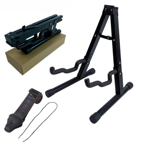 Guitar Stand Universal A-Frame Foldable Portable Stand + Adjustable Width and Comfortable Guitar Strap - Ideal for Acoustic, Bass, Electric, Mandolin, Banjo, Ukulele - Storage & On-the-Go Playing.