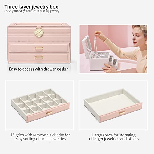 Vlando Jewellery Box Christmas Gift,3-Layer Faux Leather Jewellery Storage with Clear Glass Lid,Clear Jewellery Boxes Storage for Ring Earring Bracelet Necklace - Pink