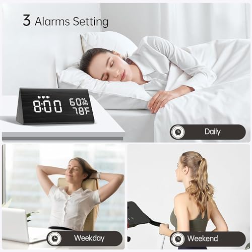 Alarm Clock, Digital Alarm Clock, LED Clock for Bedroom, Electronic Desktop Clock with Humidity & Temperature Display, Adjustable Brightness, 12/24H Display for Home, Bedroom, Bedside, Office