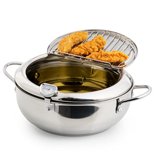 Deep Fryer Pot (°F) - Stylish Tempura Fryer - Small Japanese Style 114oz Stainless Steel Deep Frying Pot With Lid & Oil Drip Drainer Rack and Detachable Fahrenheit Temperature Control - Size: 9.8 Inches