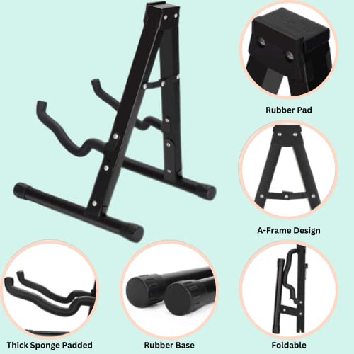 Guitar Stand Universal A-Frame Foldable Portable Stand + Adjustable Width and Comfortable Guitar Strap - Ideal for Acoustic, Bass, Electric, Mandolin, Banjo, Ukulele - Storage & On-the-Go Playing.