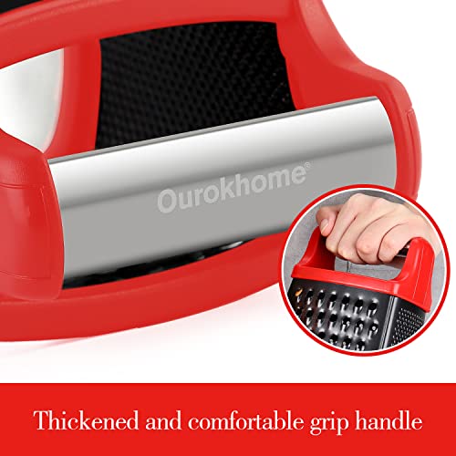 Ourokhome Box Grater with Container - 4 in 1 Stainless Steel Manual Kitchen Veggie Shredder Slicer Zester for Parmesan Cheese, Vegetable, Ginger, Coconut, Potato (Red and Black)