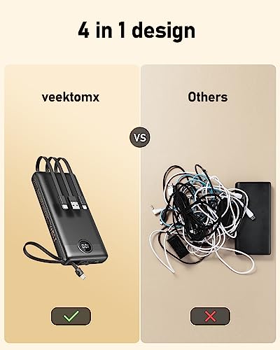 VEEKTOMX Power Bank with Built in Cables, 20000mAh Portable Charger with 5 Outputs & 2 Inputs and LED Display, External Battery Bank for iPhone/iPad/Samsung Galaxy and Travel(20000mAh Black)