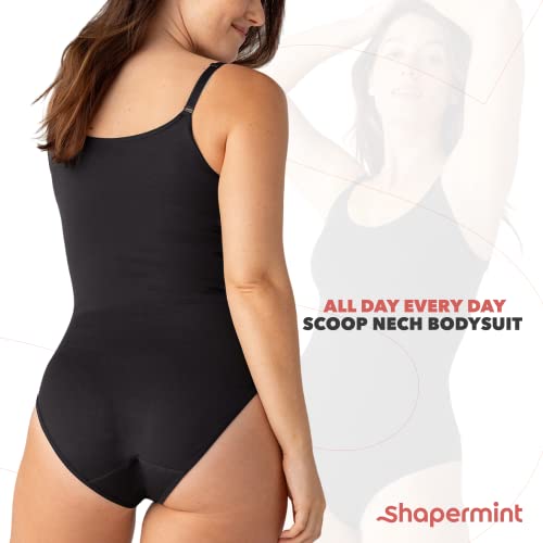 SHAPERMINT Scoop Neck Bodysuit for Women  Shapewear Body Suits for Women  with Tummy Control, White, Large