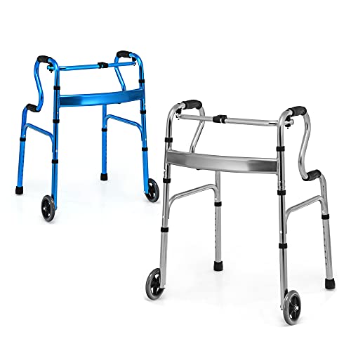 Costway Folding Walker, 200KG Weight Capacity Aluminum Alloy Adult Walker w/ Unidirectional Wheels & Bi-Level Armrests, 7-Height Adjustable, Fixed Mode & Interactive Mode, Lightweight Portable Medical Walking Aid for Senior, Elderly, Disabled, Outside & I