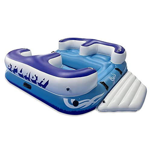 SereneLife Inflatable 4- Person Floating Island Raft, Party Island Raft w/ 4 Drink Holders, Use for Lounging on Lake, Beach River or Pool