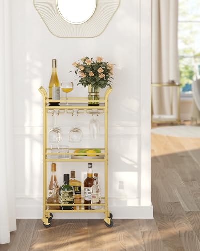 VASAGLE Bar Cart Gold, Home Bar Serving Cart, Small Bar Cart with 3-Tier Mirrored Shelf, Wine Holders, Glass Holders, Mini Bar Cart for Small Spaces, Gold ULRC091A62