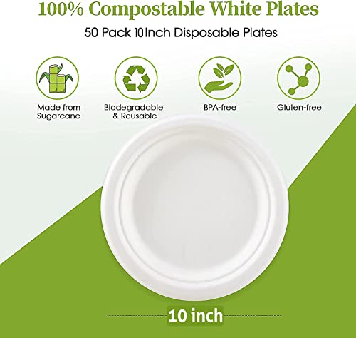 100% Compostable 10inch Heavy-Duty Pulp Molded Plate [50Pack] for Happy Party Presentation, Eco-Friendly Disposable Straw Bagasse Tray, 10" Paper Plate by Ganfaner Natural Fiber