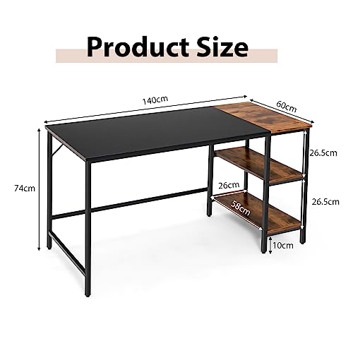 Giantex 140 CM Computer Desk, Large Home Office Desk with 2-Tier Storage Shelves, Modern Laptop PC Desk with Heavy-Duty Steel Frame, Multipurpose Writing Desk Study Desk (Black)