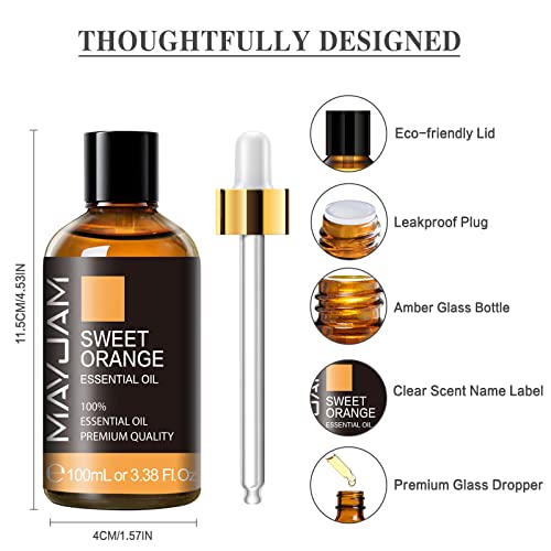 MAYJAM Sweet Orange Essential Oil 100ML/3.38FL.OZ Premium Quality Sweet Orange Oil Pure Aromatherapy Essential Oils Perfect for Diffuser Massage