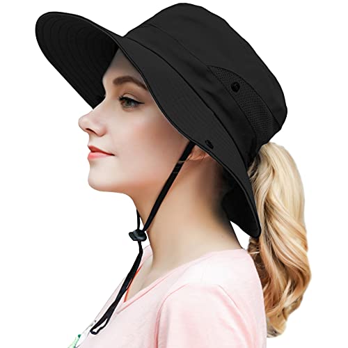 Womens Outdoor Summer Sun Hat UV Protection Wide Brim Foldable Fishing Hats with Ponytail Hole, Black, One Size