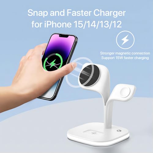 EXW Magnetic Charging Station, 5 in 1 Fast Mag-Safe Wireless Charger Stand for iPhone 15,14,13,12 Pro/Max/Mini/Plus, Apple Watch 8/7/6/SE/5/4/3/2 and Airpods 3/2/Pro/Pro 2 with LED and Adapter (White)