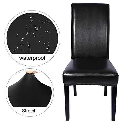 SearchI Waterproof PU Leather Dining Chair Covers Set of 6, Stretch Oilproof Parsons Chair Slipcovers Removable Washable Kitchen Chair Protector for Dining Room (Black)