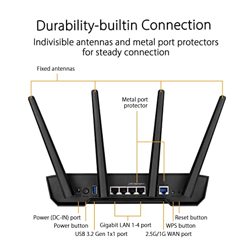 ASUS TUF Gaming AX3000 V2 Dual Band WiFi 6 Router with Mobile Tethering (Replacement of 4G 5G routers) 2.5Gbps Port, Mobile Game Mode, Free Internet Security, AI Mesh, Gear Accelerator, Adaptive QoS