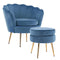 La Bella Shell Scallop Navy Blue Armchair Accent Chair Velvet + Round Ottoman Footstool