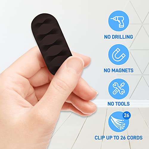 EZI Office Solutions Cable Clips - Cord Organizer and Cable Management System - 10 Self Adhesive Cable Management Clips - Cable Organiser and Cord Organiser, Charger Holder - Black
