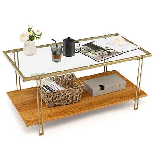 Giantex Rectangular Coffee Table, Modern Central Table w/Storage Shelf, Sturdy Metal Frame, Tempered Glass Coffee Table for Living Room, Reception Room, Gold