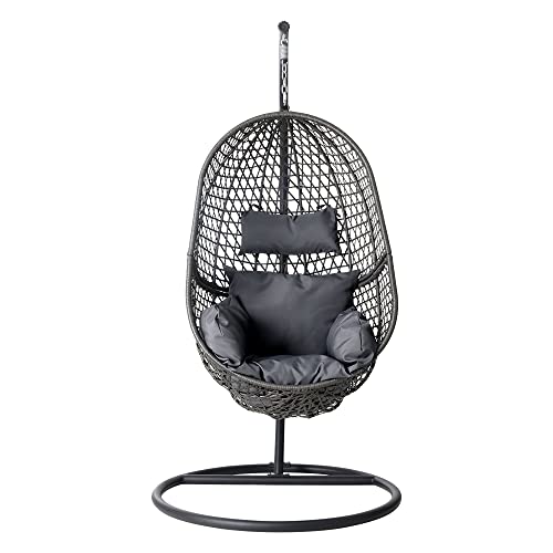 Gardeon Outdoor Egg Swing Chair Rattan Black Garden Bench Hanging Seat, Patio Baconly Furniture Chairs, with Cushions Stand Wicker Basket Water Resistant 150kg Capacity