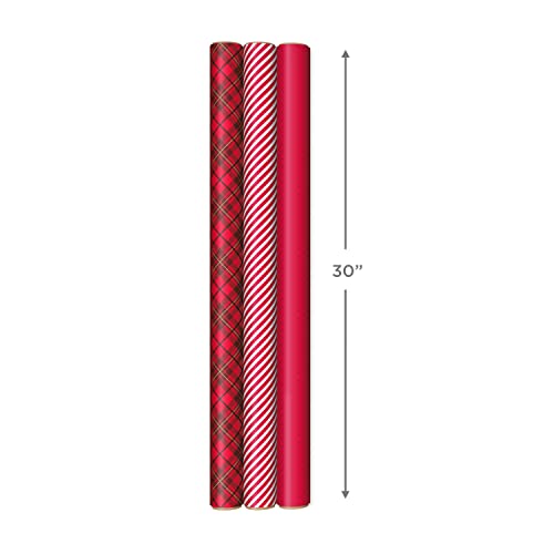 Hallmark Holiday Wrapping Paper with Optional DIY Bow Templates on Reverse (3 Rolls: 120 sq. ft. TTL) Red Plaid, Stripes, Polka Dots for Christmas, Valentines Day, Birthdays, Graduations