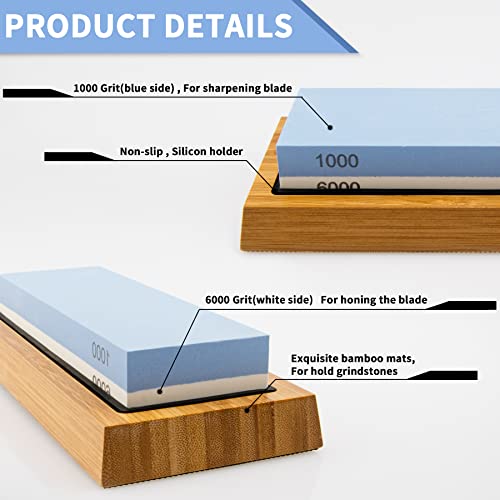 Whetstone Knife Sharpening Stone,Knife Sharpener for Kitchen Knive with Non Slip Silicone Pad and Bamboo Base,2 Side Grit 1000/6000 Knife Sharpening Wet Stone Kit