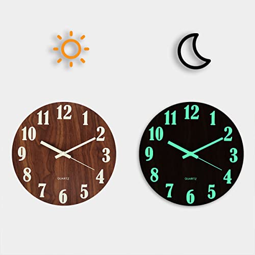 30x30x4cm Luminous Wall Clock Wooden Design Night Lights Round Wall Clock Large Number Wooden Clock for Living Room Bedroom Home Kitchen Office School Easy to Read Glow in Dark