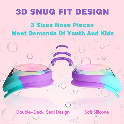 Keary 2 Pack Kids Swim Goggles Swimming Goggles for Toddler Children Girls Boys Youth, Anti-Fog Waterproof Anti-UV Clear Vision Mirror Flat Lens Water Pool Goggles with 3 Nose Piece, Pink Kids Goggles …