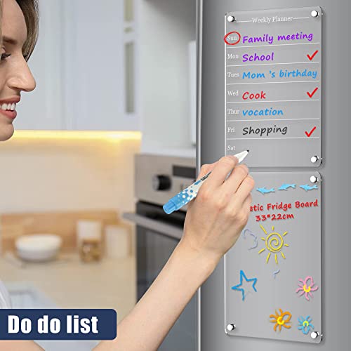 2Pcs Acrylic Magnetic Calendar for Fridge, 13"x8.7" Reusable Clear Dry Erase Whiteboard Calendar with 4 Pens and Eraser, Monthly and Weekly Non-slip Meal Planner Board for Refrigerator (B)