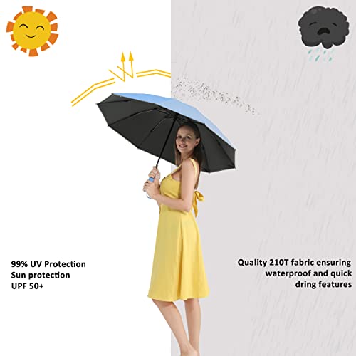 BAODINI UPF 50+ UV Umbrella Protection Sun Reverse Compact Umbrella for Rain Automatic Inverted Windproof Umbrella (3-Light Blue)