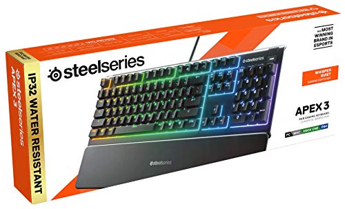 SteelSeries Apex 3 Whisper Quiet IP32 Water & Dust-Resistant Gaming Keyboard - Prism 10-Zone RGB Illumination - Premium Magnetic Wrist Rest
