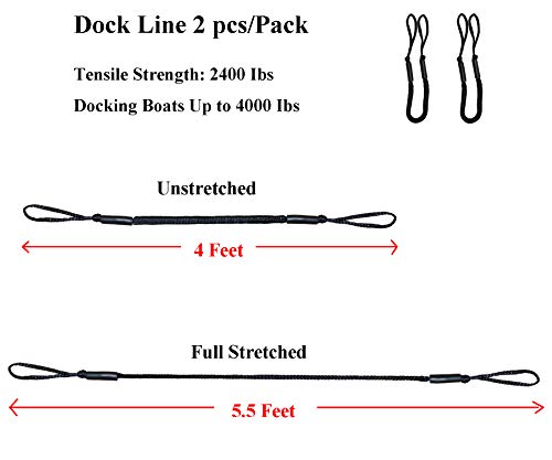 2pcs Bungee Boat Dock Lines 4Feet Black Dockline Mooring Rope Boat PWC Shock Cords for Boats