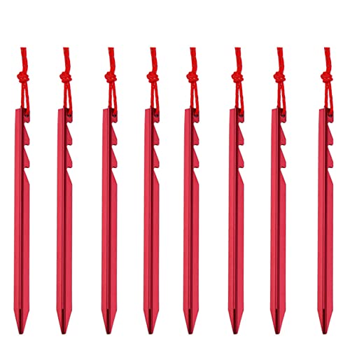 NUZAMAS Camping Tent Stakes Set of (10) 7" (18cm) - Ultralight and Heavy Duty 7001 Aluminum - 3 Guy Points - Red with Storage Bag