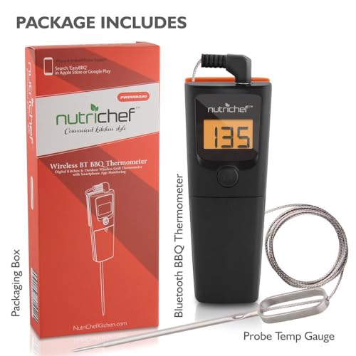 NutriChef Bluetooth Grill BBQ Meat Thermometer Digital Wireless Grill Thermometer, Timer, Alarm, 150 ft Barbecue Cooking Kitchen Food Meat Thermometer for Smoker, Oven