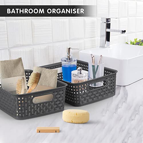 Jabykare 8 Pack Plastic Storage Baskets for Home Storage & Organisation- Storage Bins for Bathrooms, Kitchen, Cabinets, Countertop, Under Sink, Pantry Storage Organiser (Dark Grey)