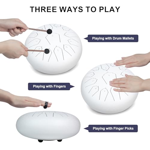 MUSCELL Steel Tongue Drum 12 Inches 13 Notes, Hand Drum with Bag, Music Book, Drumsticks, Mallet Holder and Finger Paddles, Thickened Carbon Steel, Continuous Echo for Meditation or Yoga (White)